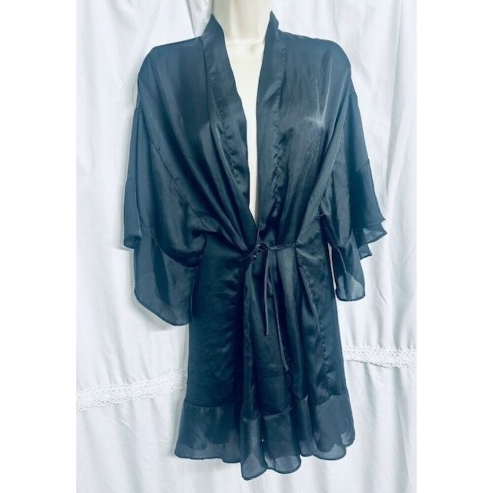 Victorias Secret Black Romantic Satin Sheer Ruffle Loungewear Kimono Robe XS/S